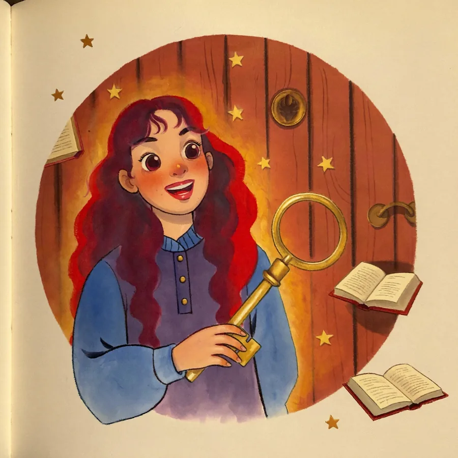 A happy child holding a golden key at a glowing door